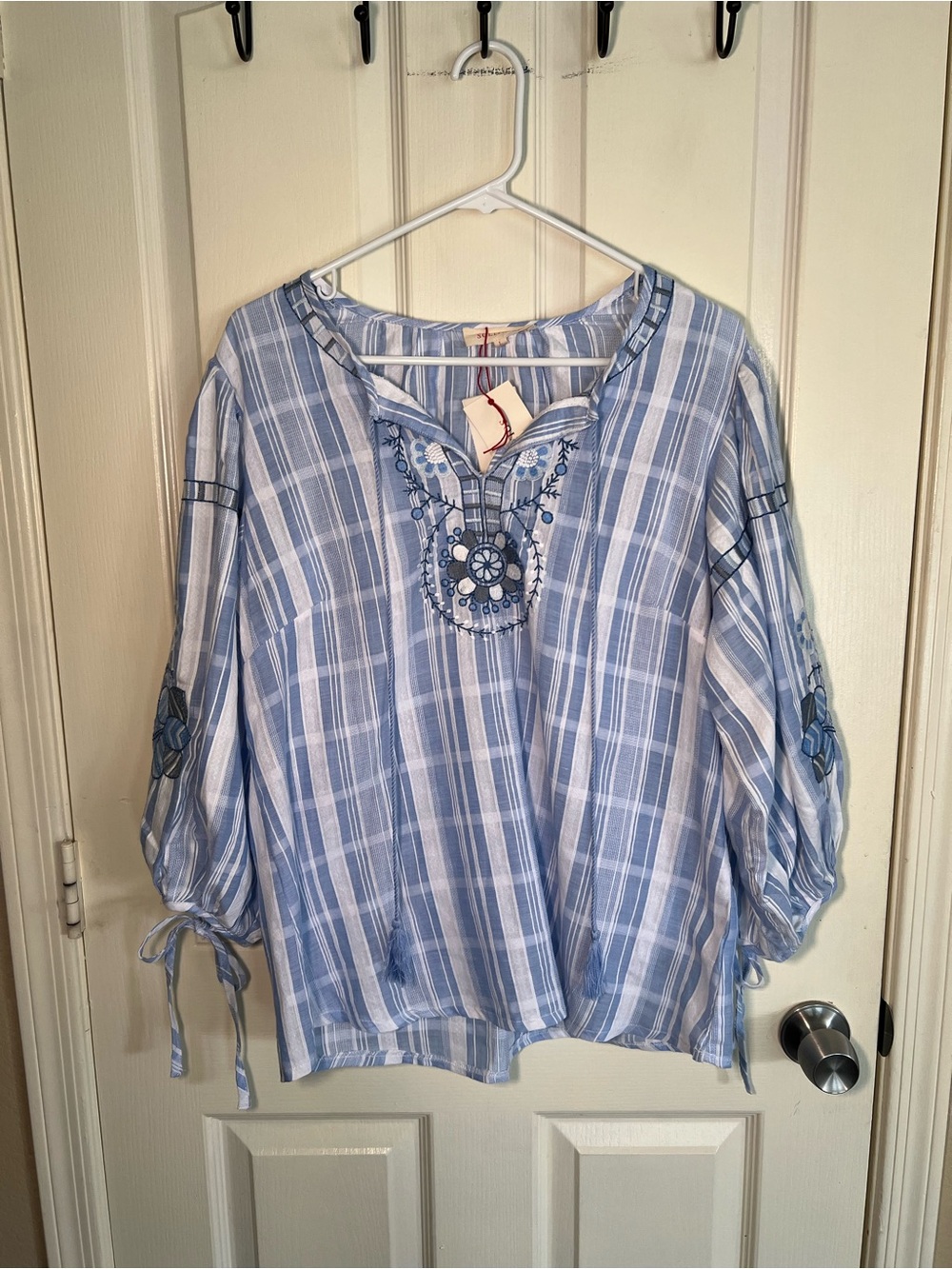 Solitaire Blue White Striped Embroidered Boho Tunic Blouse L